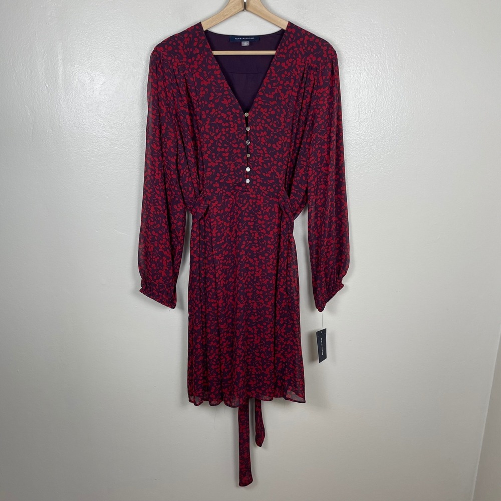 Tommy‎ Hilfiger Women's 10 Chiffon Dress Burgundy Red Floral A2GG1WHA